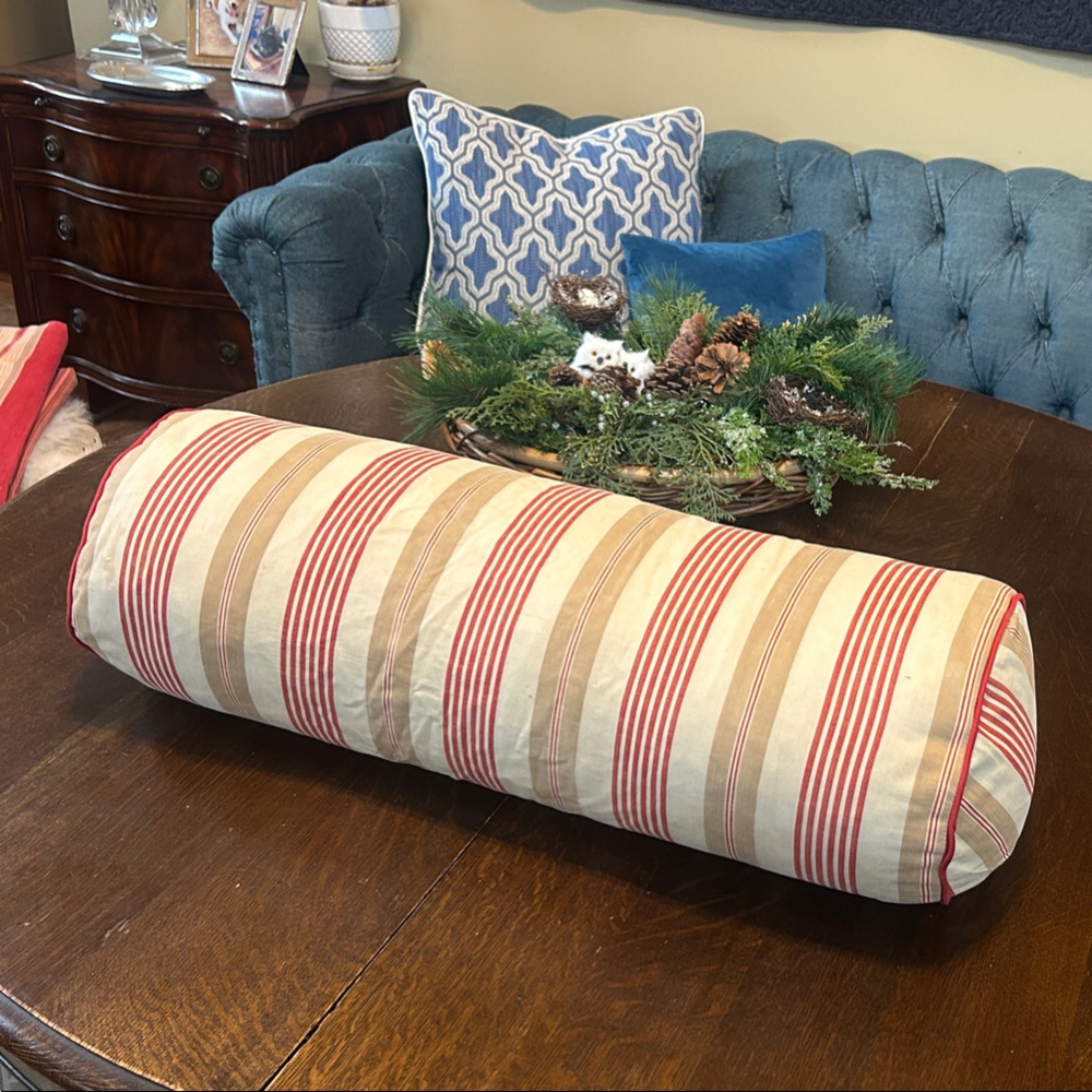 Antique Ticking Striped Red and Cream Bolster Pillow 27”x9”